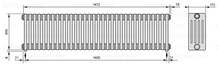 Схема (чертеж) Радиатор Zehnder Charleston 5060/32 №3570 Белый глянцевый RAL 9016